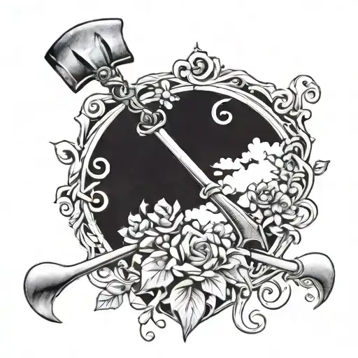 Shovel garden fork crossed scroll clouds  tattoo design idea