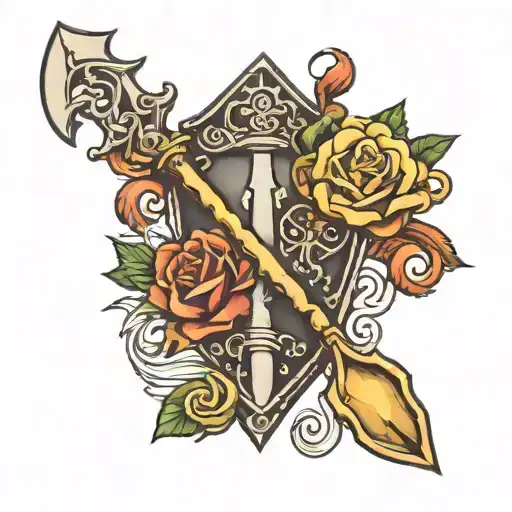 Shovel garden fork crossed scroll clouds  tattoo design idea