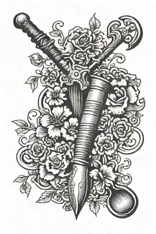 Shovel garden fork crossed scroll clouds  tattoo design idea