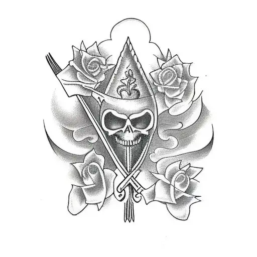 Crossed spade and garden fork, scroll at top with name Arthur inside, surrounded by clouds, half sleeve.  tattoo design idea