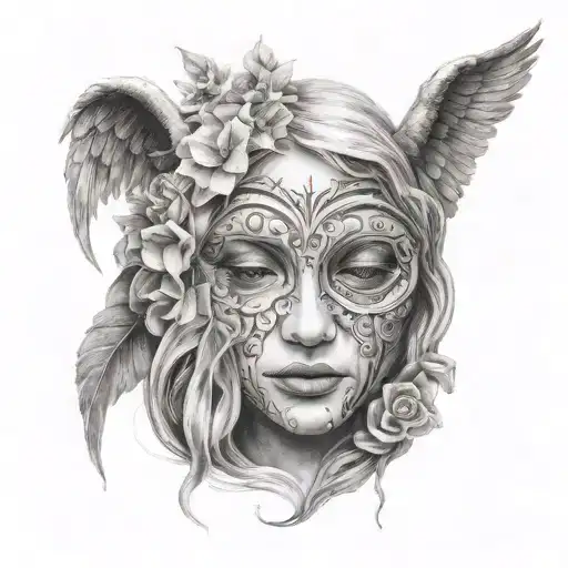 Crying angelic face holds smiling  mask with hand surrounded with magic inscryption  tattoo design idea