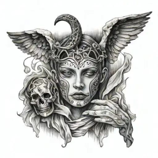 Crying angelic face holds mask with hand surrounded with magic inscryption tattoo design idea