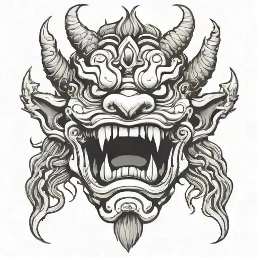generate a japanese oni mask tattoo design with smokes from side for the fist tattoo design idea