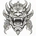 generate a japanese oni mask tattoo design with smokes from side for the fist tattoo design idea