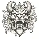 generate a japanese oni mask tattoo design with smokes from side for the fist tattoo design idea