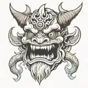 generate a japanese oni mask tattoo design with smokes from side for the fist tattoo design idea