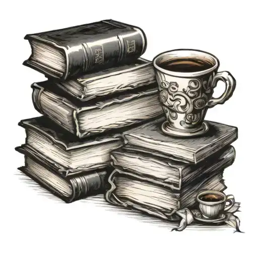 stack of books with one open book a cup of coffee and glasses tattoo design idea
