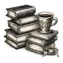 stack of books with one open book a cup of coffee and glasses tattoo design idea
