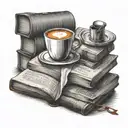 stack of books with one open book a cup of coffee and glasses tattoo design idea