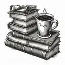 stack of books with one open book a cup of coffee and glasses tattoo design idea