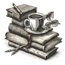stack of books with one open book a cup of coffee and glasses tattoo design idea