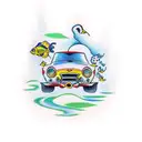 A new-school tattoo featuring a whimsical scene of a car driving through a river filled with colorful fish tattoo design idea