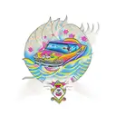 A new-school tattoo featuring a whimsical scene of a car driving through a river filled with colorful fish tattoo design idea