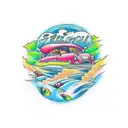 A new-school tattoo featuring a whimsical scene of a car driving through a river filled with colorful fish tattoo design idea
