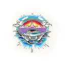 A new-school tattoo featuring a whimsical scene of a car driving through a river filled with colorful fish tattoo design idea