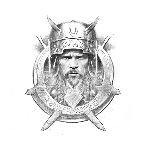A powerful Viking king sitting on a throne, surrounded by loyal warriors tattoo design idea