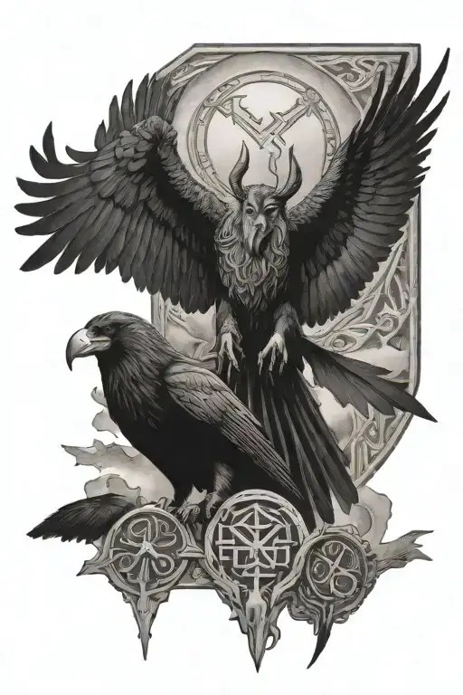 odin + two crows flying + vichings + Norse runes engraved tattoo design idea