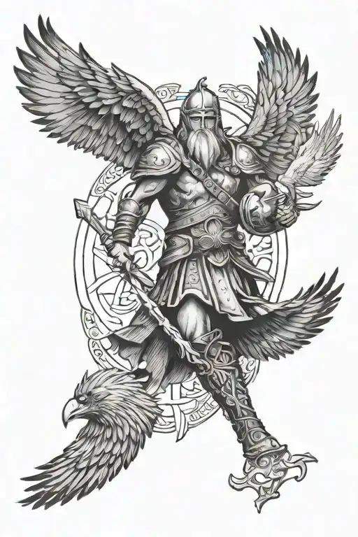 odin + two crows flying + spartan warrior + vichings + Norse runes tattoo design idea