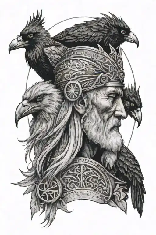 odin portrait tatto + two crows flying + spartan warrior + vichings + Norse runes tattoo design idea