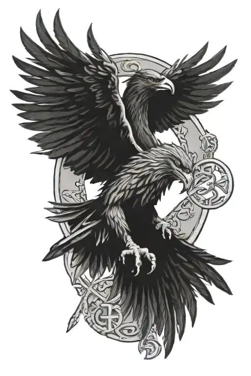 odin + two crows flying + Norse runes engraved style tattoo tattoo design idea