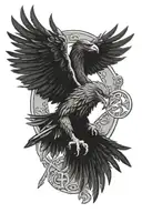 odin + two crows flying + Norse runes engraved style tattoo tattoo design idea