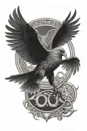 odin + two crows flying + Norse runes engraved style tattoo tattoo design idea