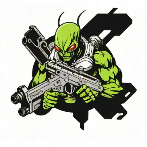 very muscular alien with big head and three big eyes holding an ar-15 tattoo design idea