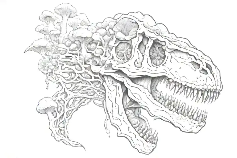 T rex skull and mushrooms growing tattoo design idea