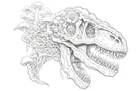 T rex skull and mushrooms growing tattoo design idea