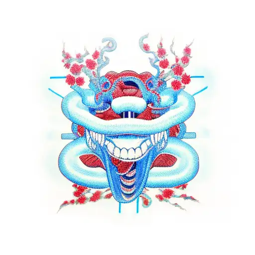 cyber snake with open mouth among realistic red flowers, in blue and red colors tattoo design idea