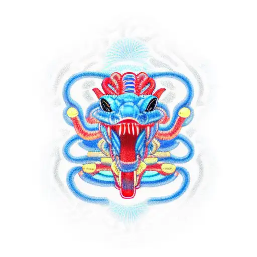 cyber snake with open mouth among realistic red flowers, in blue and red colors. No green color tattoo design idea