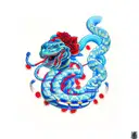 cyber snake with open mouth among realistic red flowers, in blue and red colors. No green color tattoo design idea