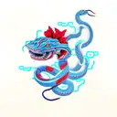 cyber snake with open mouth among realistic red flowers, in blue and red colors. No green color tattoo design idea