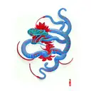 cyber snake with open mouth among realistic red flowers, in blue and red colors. No green color tattoo design idea