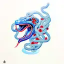cyber snake with open mouth among realistic red flowers, in blue and red colors. No green color tattoo design idea