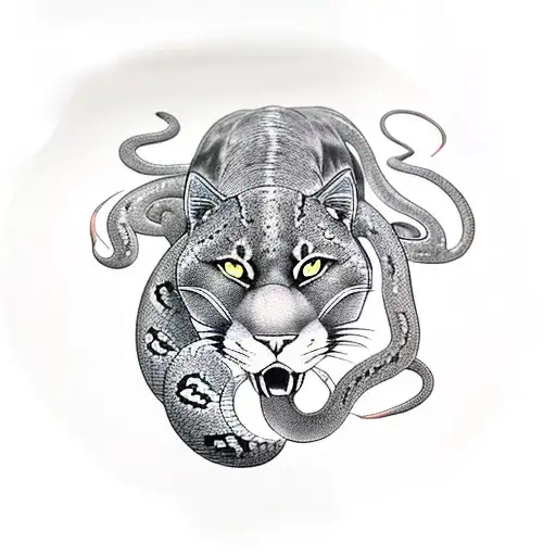 A fierce black panther in combat with a snake, symbolizing strength and agility tattoo design idea