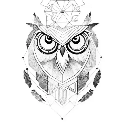 An owl with geometric patterns on its feathers, sitting on a turtle's shell tattoo design idea