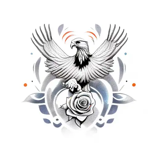 An eagle clutching a rose in its talons, set against a background of swirling abstract patterns representing the complexities of life and death tattoo design idea