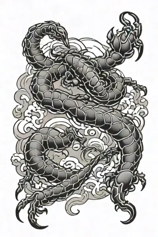 Scorpion surrounded by swirling clouds in a black and grey style tattoo design idea