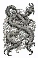Scorpion surrounded by swirling clouds in a black and grey style tattoo design idea