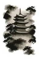 Pagoda surrounded with mist tattoo design idea