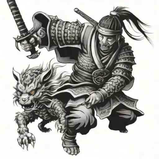 samurai warrior battling mythical creatures tattoo design idea