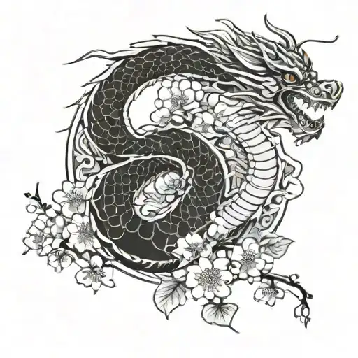 Japanese cherry blossom and dragon wrapped tattoo design idea