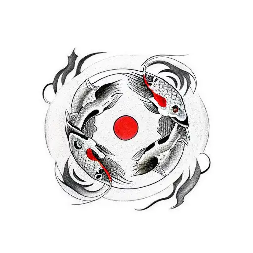 two koi fish circling yin yang symbol, bounded by ouroboros tattoo design idea