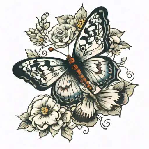butterfly's with old English birth years and flowers  tattoo design idea