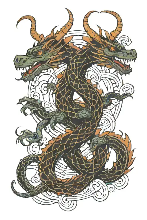two interlocking dragons intertwined tattoo design idea