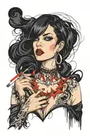 Sexy Gothic Woman with piercings straight black hair lit cigarette in mouth lots of cleavage. tattoo design idea