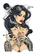 Sexy Gothic Woman with piercings straight black hair lit cigarette in mouth lots of cleavage. tattoo design idea