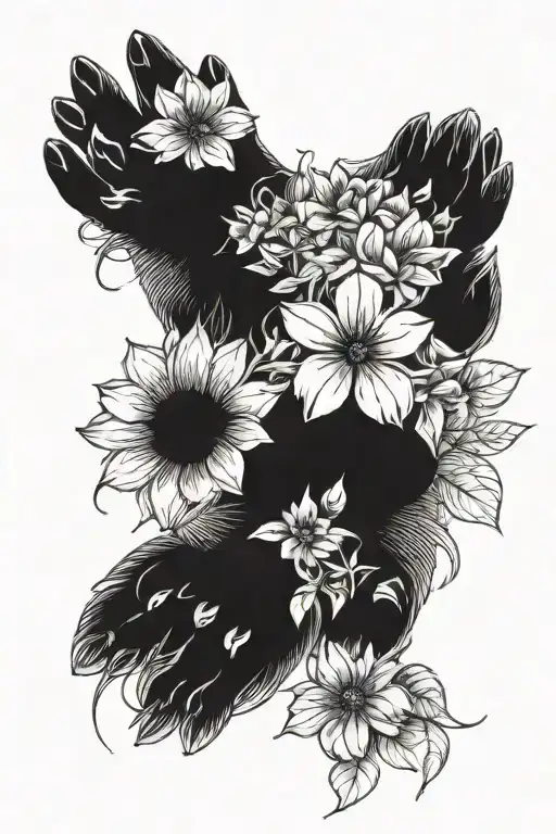 cat paws with flowers tattoo design idea
