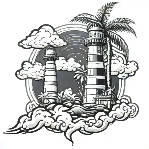 lighthouse storm clouds palm tree miami money  tattoo design idea